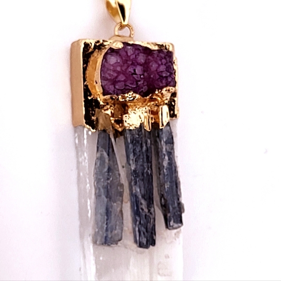 Natural Kyanite, Selenite & Purple Geode Crystal Gold Necklace NKSPUGCGN3 - Picture 3 of 5